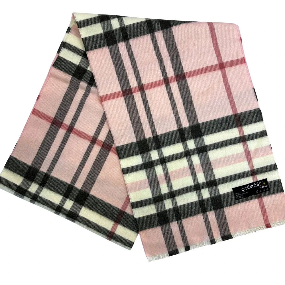 V.‎ Fraas Cashmink Scarf Pink Plaid Check Made in Germany Soft Acrylic Fringe